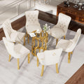 47.2' Round Glass Dining Table Set for 6, Modern 7 Piece Dining Room Table with 6 Velvet Accent Chairs, Tempered Glass Top with Golden Stainless Steel Legs, Round Kitchen Table Set for Home - Beige