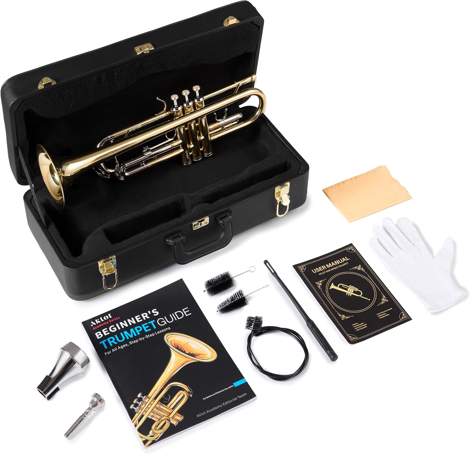 AKLOT Hand-Hammered Bell Bb Trumpet: Smooth Valve Action, Clear-Lacquered Brass Body, Standard Trumpet Beginner Set with Leather Case, Lesson Book, Trumpet Mute, Mouthpiece, Cleaning Kit (SNR-BrzED)
