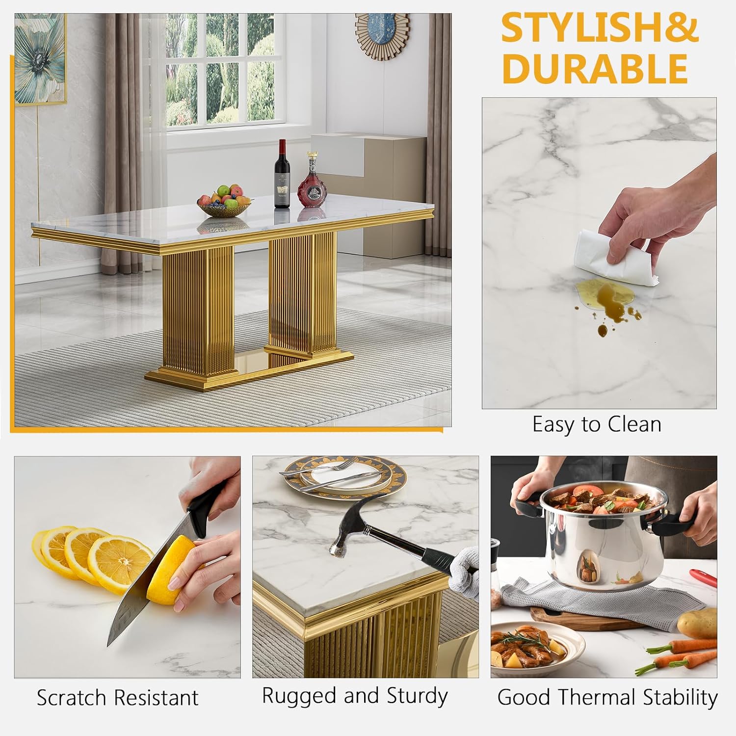 68' White Marble Dining Table for 6 to 8, Luxury Large Rectangular Faux Marble Tabletop & Gold Double Pedestal Base, Mid Century Modern Kitchen Dining Room Table for Dinner Family Gathering