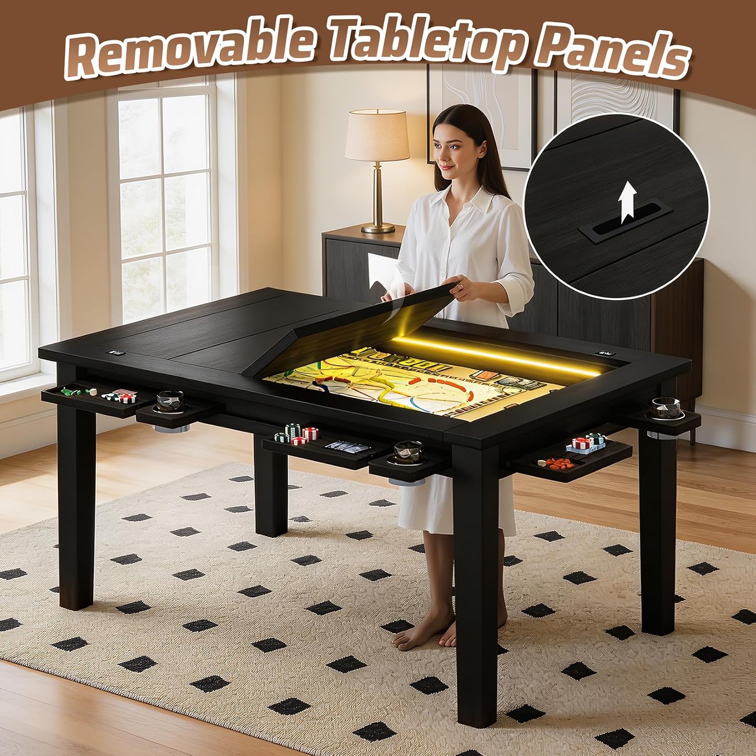 Haddockway Board Game Table with Adjustable Led Lights, 53.7in x 30.7in Play Area Removable Table Top Dining/Gaming Table with Charge Station, Play Mat, 6 Cup Holders & Trays (Black)