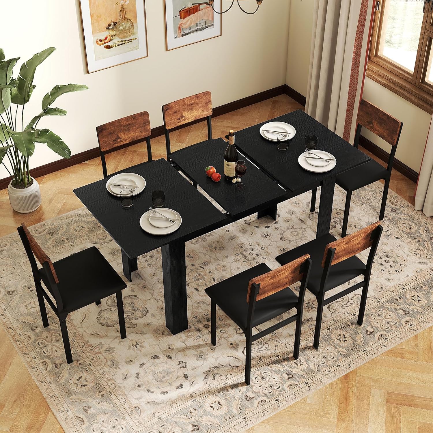 GOFLAME 47'-62' Extendable Dining Table for 4-6 People, Large Rectangular Kitchen Table with L-Shaped Legs, Space Saving Dining Room Table for Kitchen, Living Room, Office, Small Space, Black