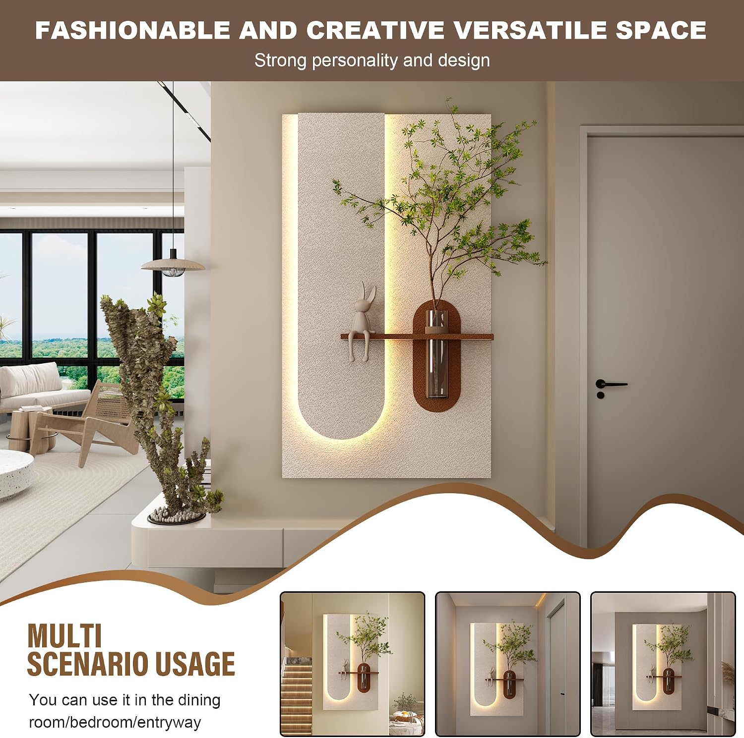 Montary 3D Sandstone Entryway Decor Art Painting, Modern LED Wall Decor Sculpture with Artificial Plants, Glass Vase & Rabbit Statue, Remote Control 3-Color Light for Living Room, Bedroom, Hallway