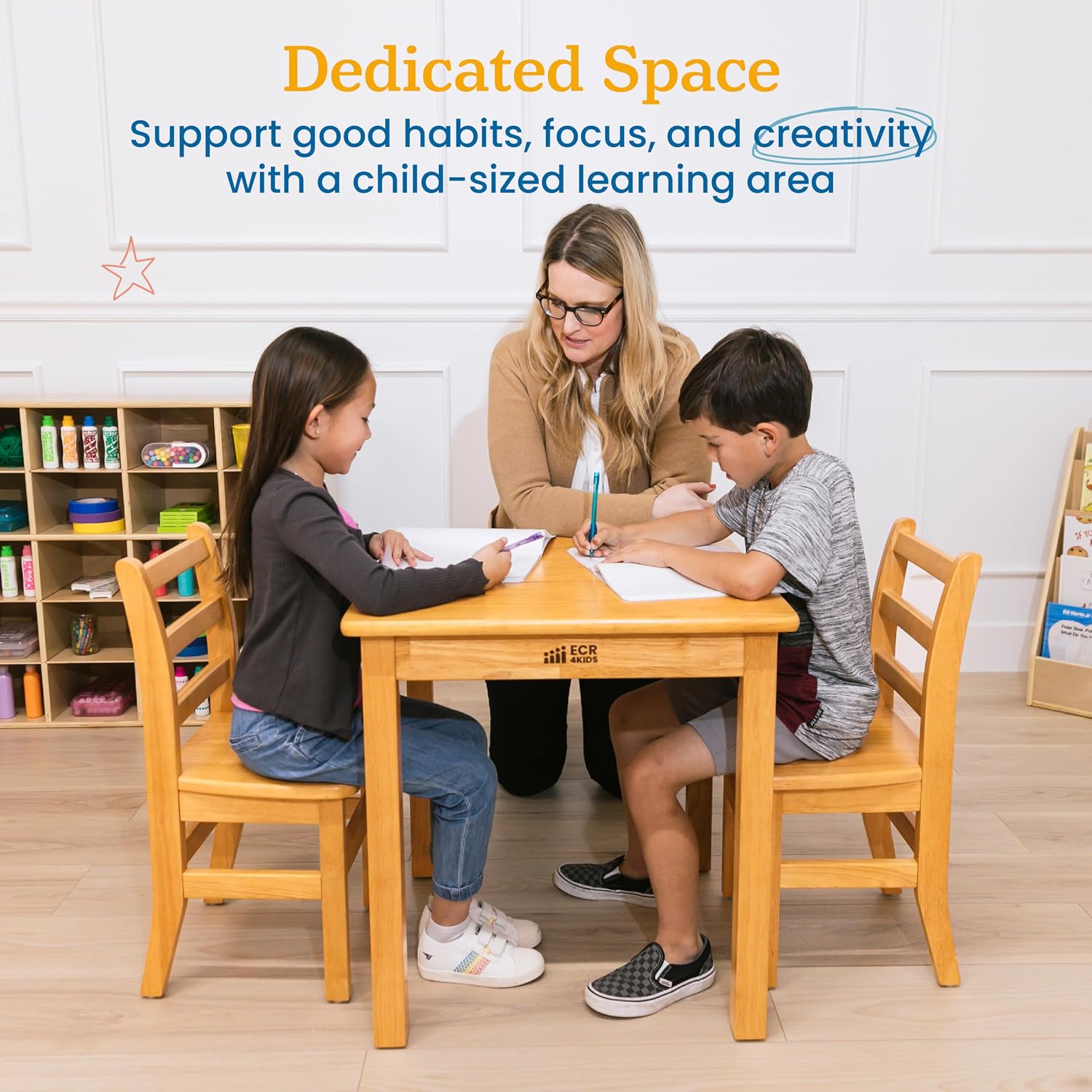 ECR4Kids 24in x 24in Square Hardwood Table with 24in Legs and Two 14in Chairs, Kids Furniture, Honey, 3-Piece