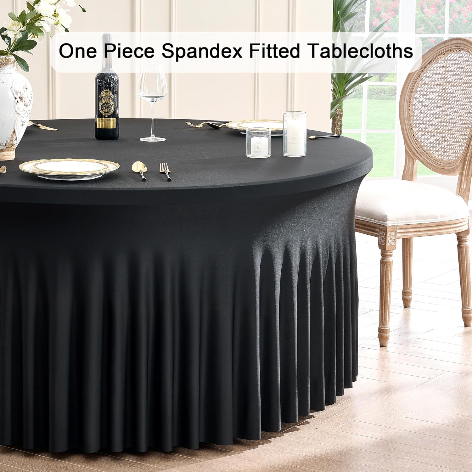 Outpain 8 Pack Black Round Spandex Tablecloth for 60 Inch/5FT Tables - Stretchy Table Cloth with Skirt, Wrinkle-Free Fitted Cloth for Wedding Vendor, Banquet & Graduation Decor (120' Round)