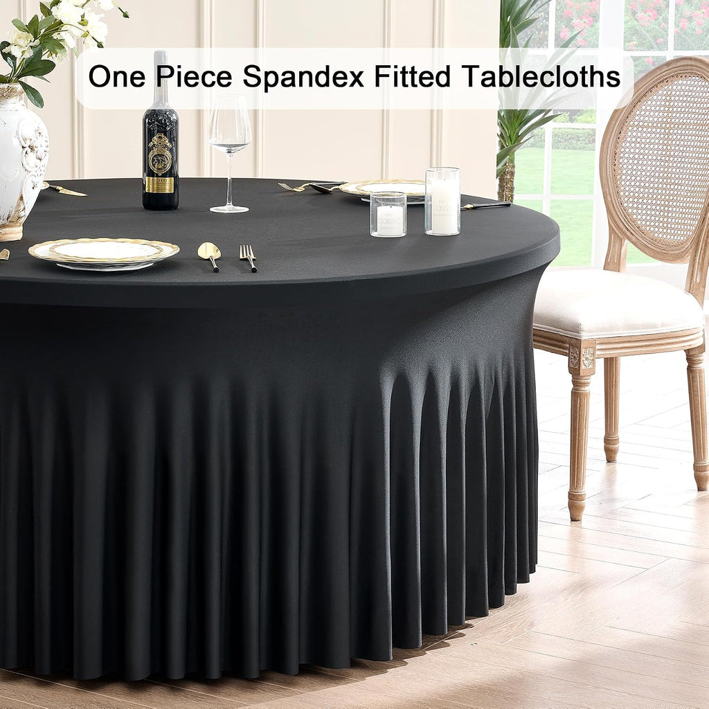 Outpain 12 Pack Spandex Black Round Tablecloths for 60 Inch/5FT Tables - Stretchy Table Cloth with Skirt, Wrinkle-Free Fitted Cloth for Wedding Vendor, Banquet & Graduation Decor (120' Round)