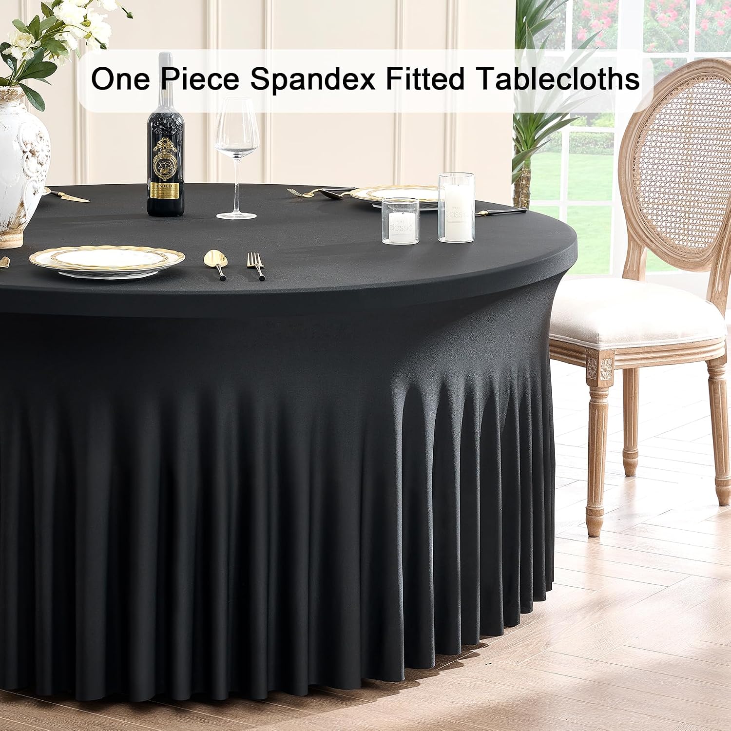Outpain 12 Pack Spandex Black Round Tablecloths for 60 Inch/5FT Tables - Stretchy Table Cloth with Skirt, Wrinkle-Free Fitted Cloth for Wedding Vendor, Banquet & Graduation Decor (120' Round)