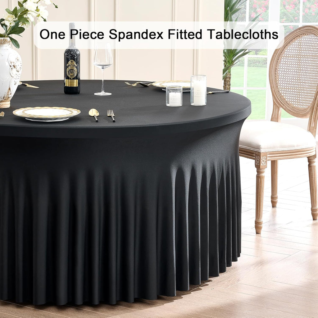 Outpain 12 Pack Black 72in/6FT Round Spandex Tablecloth,132inch Stretchy Fitted Black Table Cloths,Wrinkle Free Round Table Cloths with Skirt for Wedding Vendor Graduation Banquet