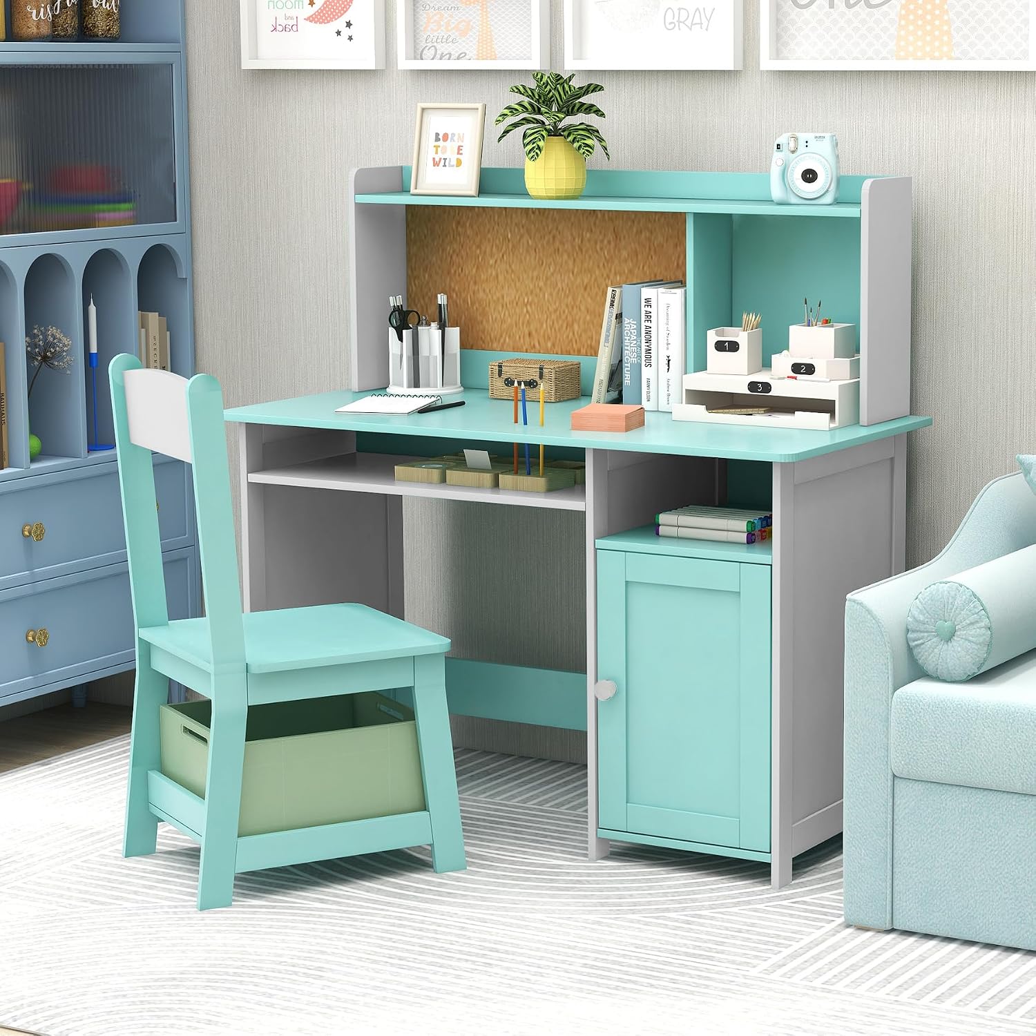 TaoHFE Blue Kids Desk Chair,Kids Desk with Storage and Shelf,Wooden Kid Desks and Chair Set for Bedroom and Study,Kid Study Desks for Boys, Girls Table and Chair Set
