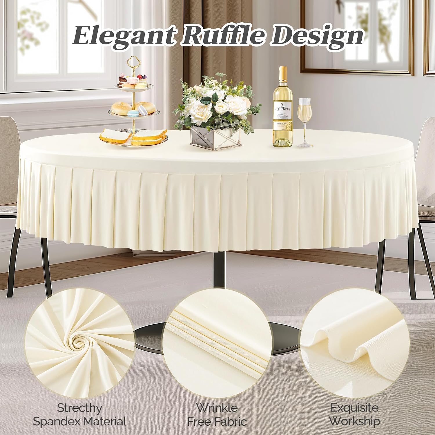 Ivory Spandex Round Tablecloths - 6 Pack, Fitted 5FT, Wrinkle Free Table Cover with Skirt for Wedding Party Dining Banquet