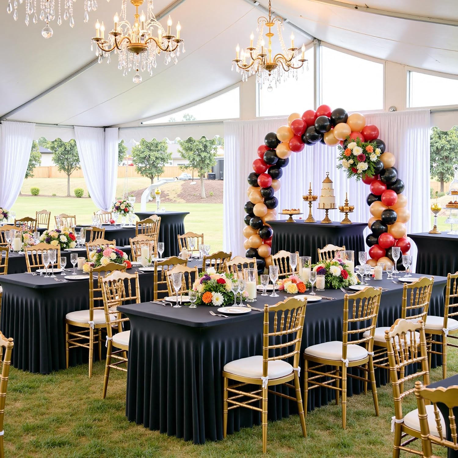 6pk Black 8ft Spandex Tablecloths for Rectangle Tables, Wrinkle Free Wavy Black Table Skirt Stretchy Fitted Table Cloth Covers 8 Foot for Weddings Birthday Party Events Banquette Baby Shower
