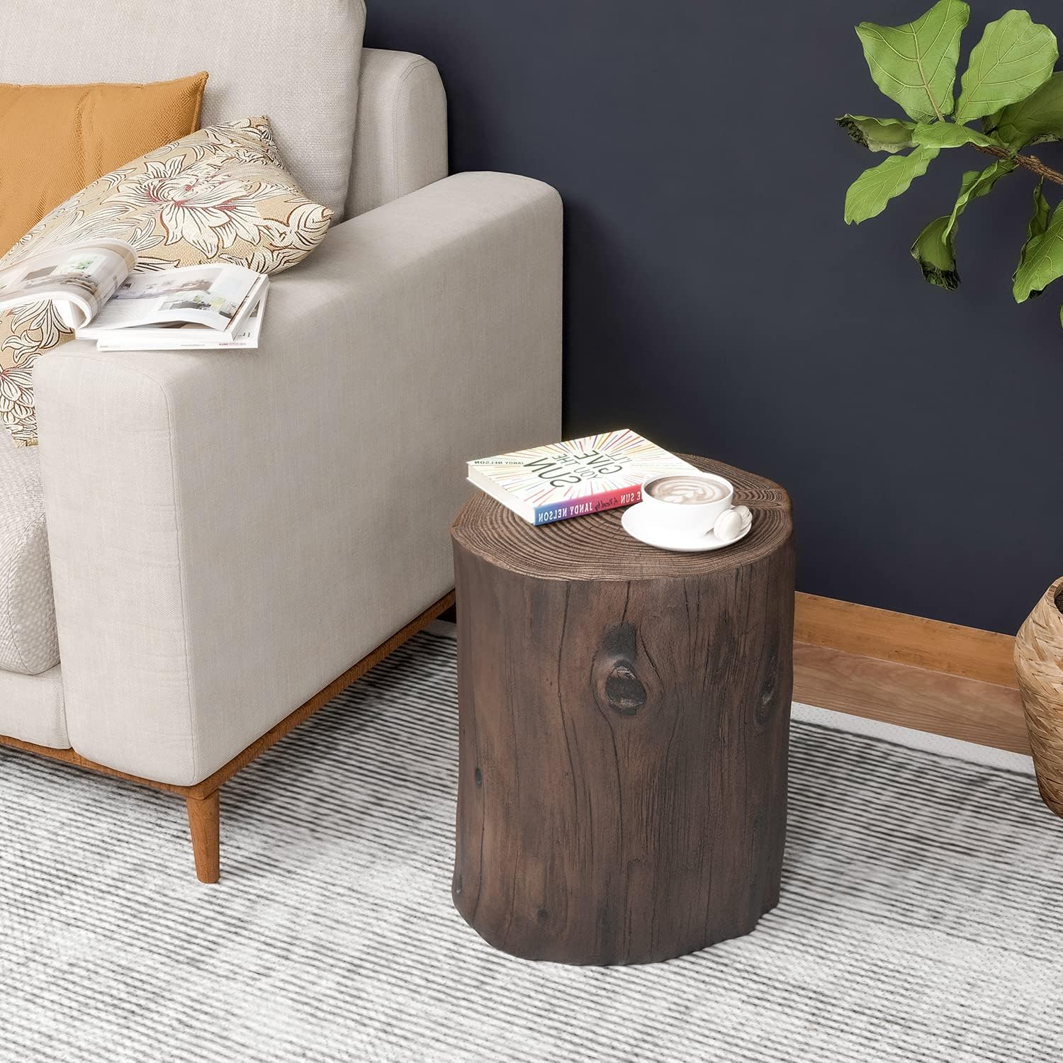 HOMPUS Concrete Outdoor Side Table Set of 2, 2 Piece Tree Stump Modern Round Coffee Table Accent Set Plant Stand Faux Wood End Table Garden Stool for Patio,Home Decor, Living Room, Dark Walnut