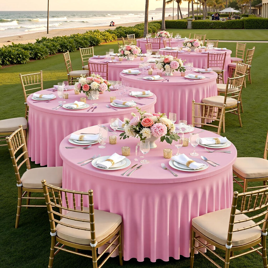 8 Pack Baby Pink Spandex Round Tablecloths for 72 inch Table, Wrinkle Free 132inch Stretchy Fitted 6FT Round Table Cloths Cover with Skirt for Wedding Party Dining Banquet Events