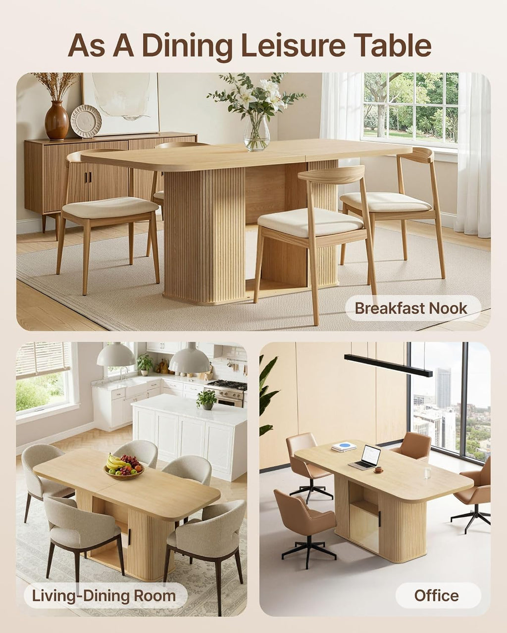 SUNCOZE Mid-Centur Dinner Tables for 4/6/8, 70.9' Rectangle Dining Room Table with Large Tabletop and Sliding Tambour Doors, Fluted Dining Table 2-Layer Storage for Kitchen and Living Room, Wood