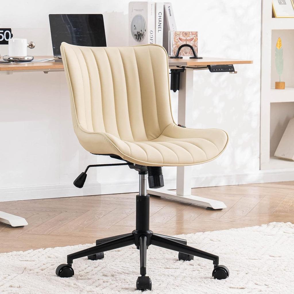 YOUNIKE Ergonomic Home Office Desk Chair with Wheels Comfy Armless Criss Cross Chair with Adjustable Back Modern Leather Upholstered Swivel Vanity Chair Small Cute Rolling Task Chair for Women Beige