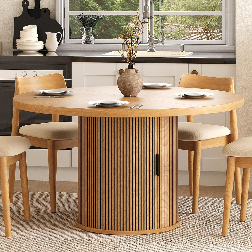 47 inch Round Dining Table for 4, Farmhouse Kitchen Table with 2-Layer Storage Shelf and Wood Slide Door Modern Dinner Table or Home Dining Room Living Room (Natural)