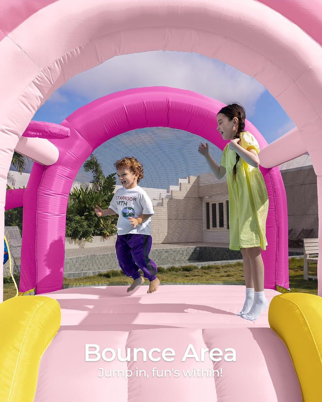 Outfunny Bounce House with Slide, Inflatable Bouncy House for Kids 3-12 w/Ball Pit, Outdoor & Indoor, Bounce Area 8'x8', Capacity 400 lb - Pink
