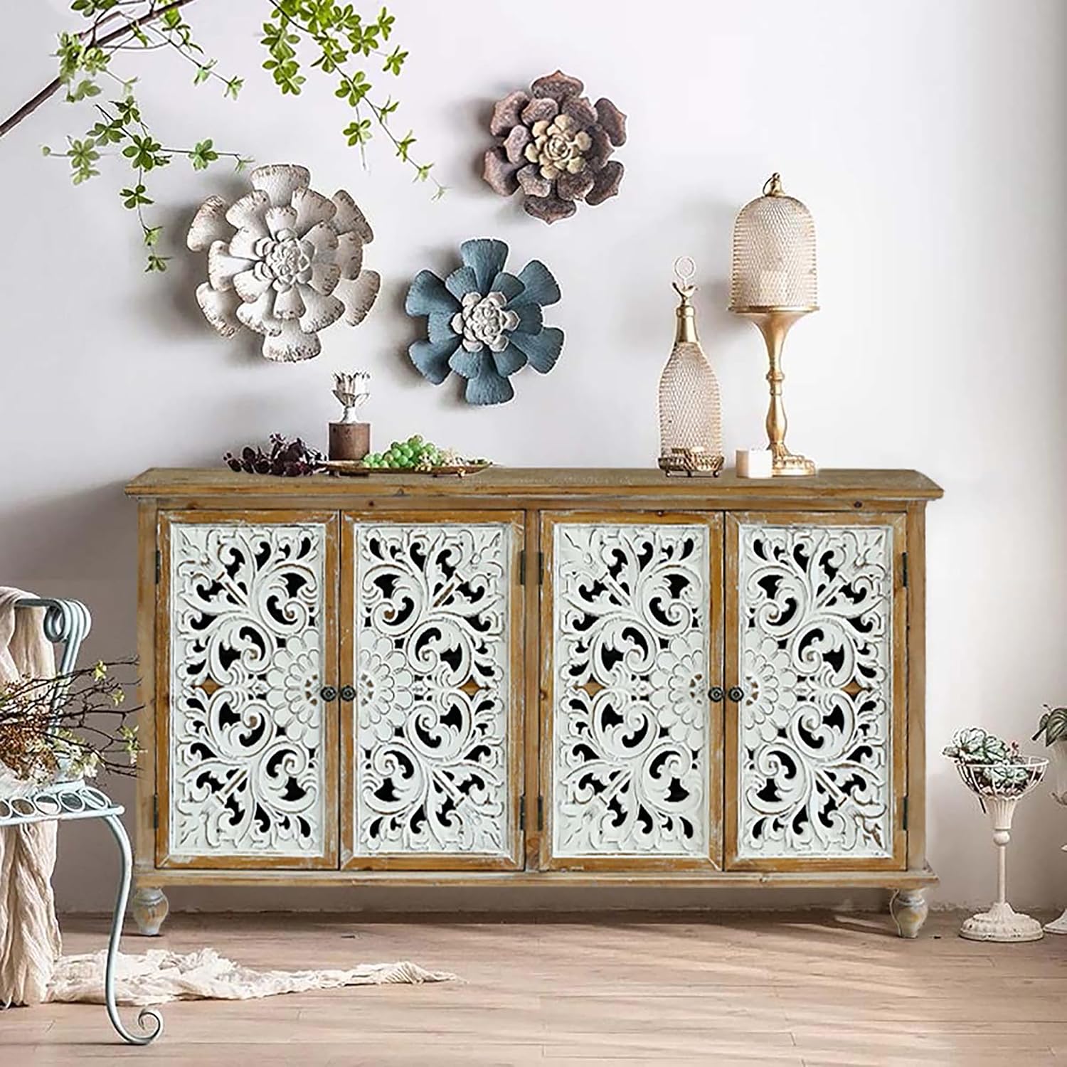 LKTART 60' Vintage Sideboard Buffet Cabinet,French Country Sideboard,Farmhouse Hollow Carved Credenza Accent Cabinet for Living Room, Dining Room, Natural Wood