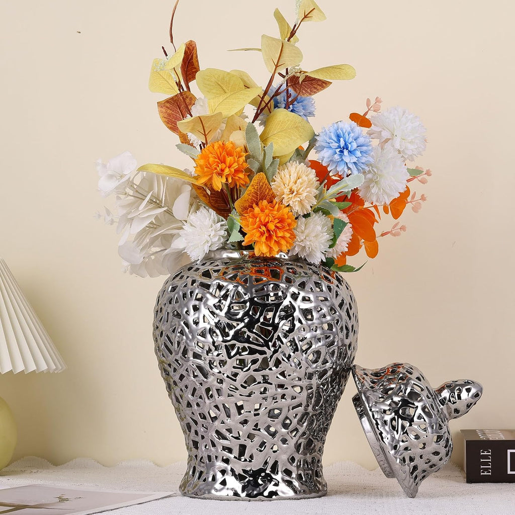 Pierced Ginger Jar Vase with Lid - 15.7' Tall Decorative Ceramic Jar for Home Decor, Centerpiece for Living Room, Dining Room, Entryway, or Office, Large Vase for Flowers (Silver)