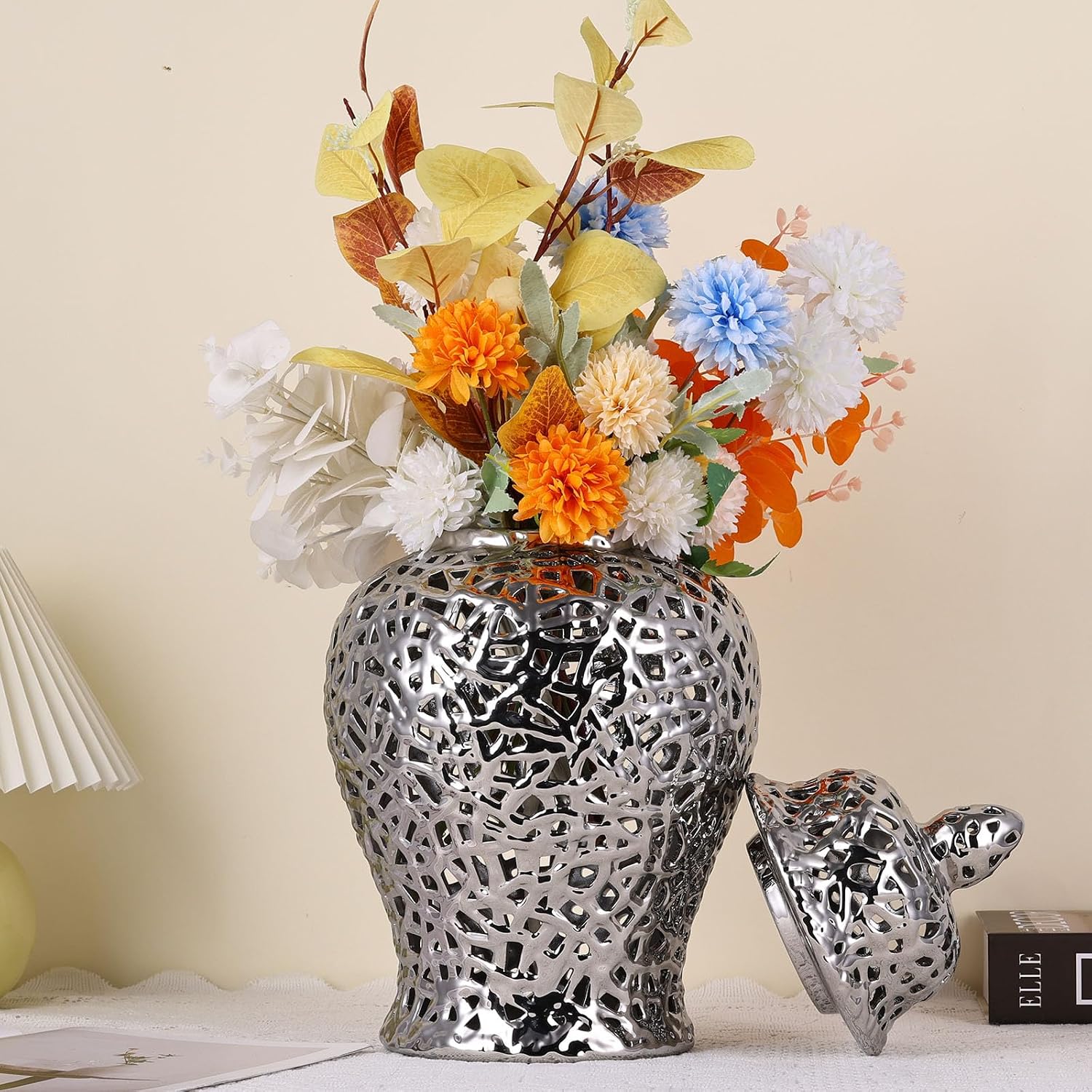 Pierced Ginger Jar Vase with Lid - 15.7' Tall Decorative Ceramic Jar for Home Decor, Centerpiece for Living Room, Dining Room, Entryway, or Office, Large Vase for Flowers (Silver)