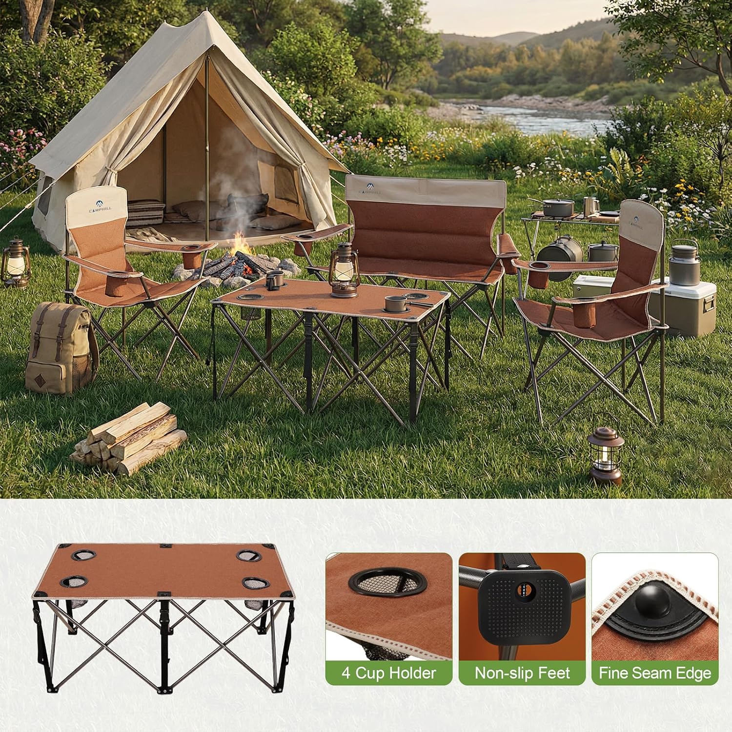 Camping Chair Set of 3, Outdoor Folding Camping Chairs for Heavy People with Cup Holder & Carry Bag,Collapsible Chair Include One Sofa Chair and Two Single Chair,Support up to 500lbs