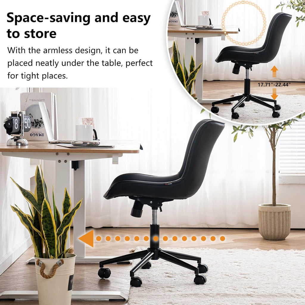 YOUNIKE Black Home Office Desk Chair with Wheels Comfy Armless Cute Vanity Chair with Adjustable Rocking Back Modern Leather Upholstered Rolling Swivel Small Task Drafting Sewing Chair Compact