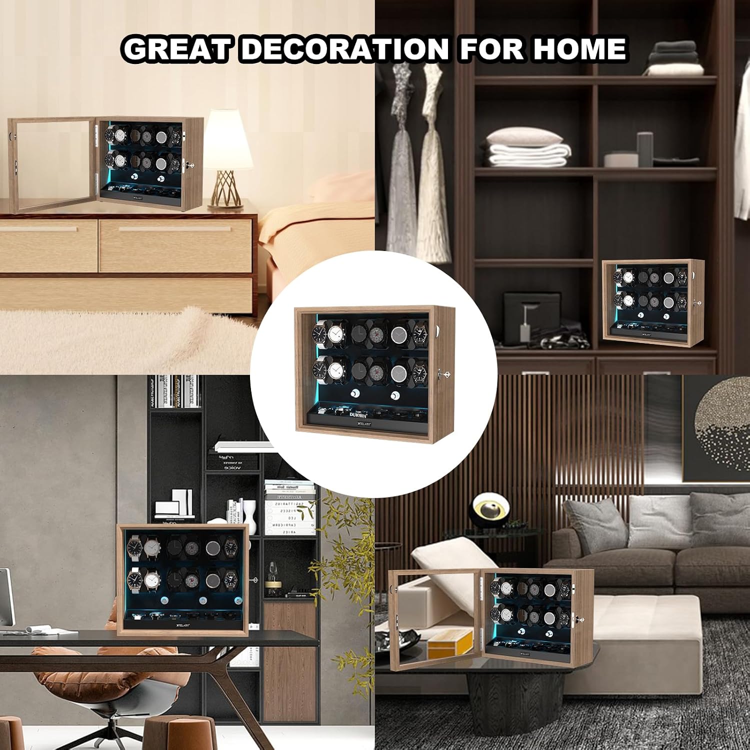 XTELARY Lockable Automatic Watch Winder - 4/6/8/12 Watch Storage, 4 Rotation Modes, Quiet Motor, Backlight