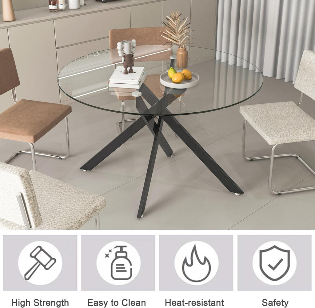 47.25' Round Dining Table for 6, Modern Clear Glass Kitchen Table for 6 with Black X Metal Legs, Contemporary Small Circle Dining Room Leisure Tables for Kitchen Apartment