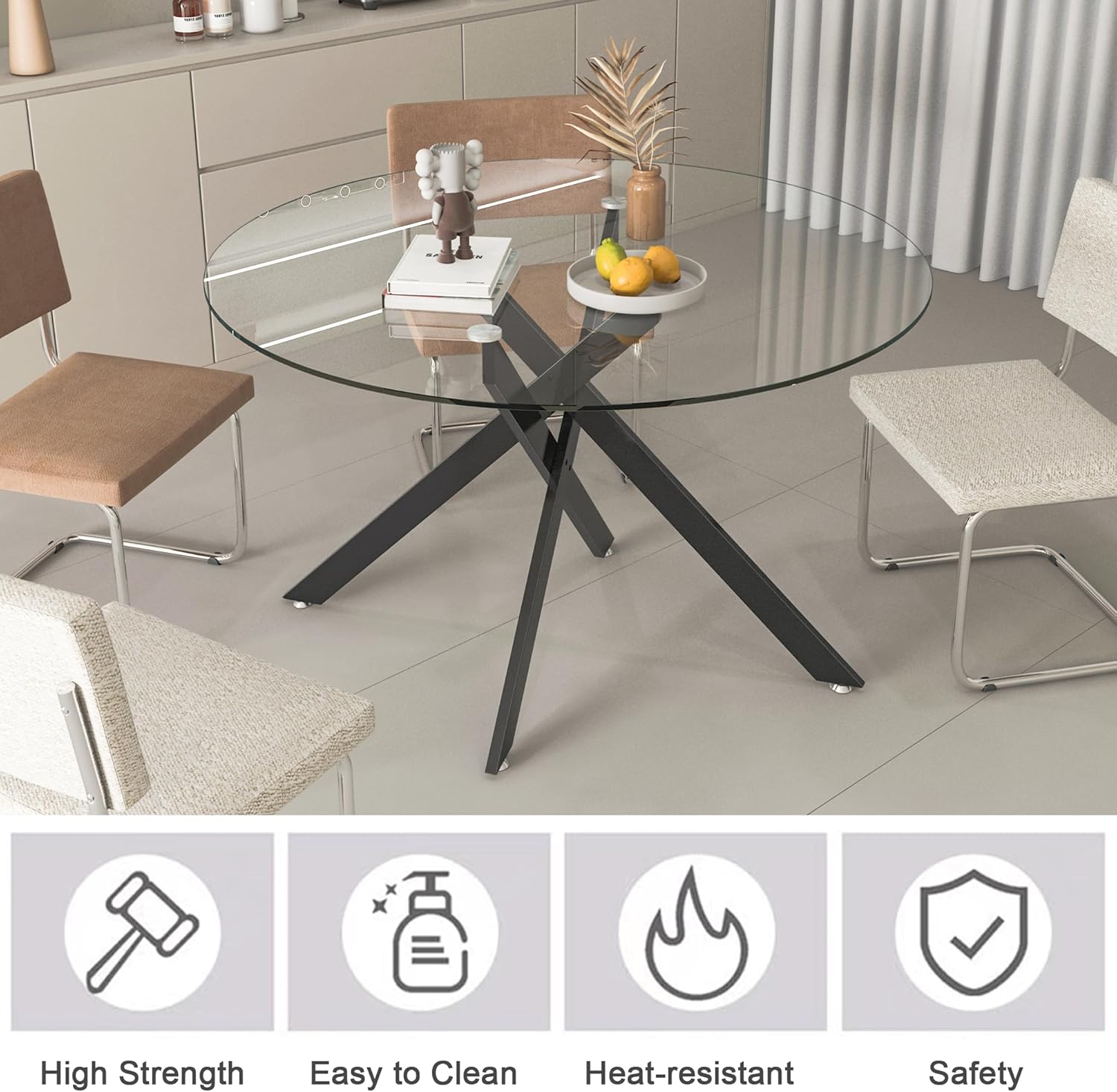 47.25' Round Dining Table for 6, Modern Clear Glass Kitchen Table for 6 with Black X Metal Legs, Contemporary Small Circle Dining Room Leisure Tables for Kitchen Apartment