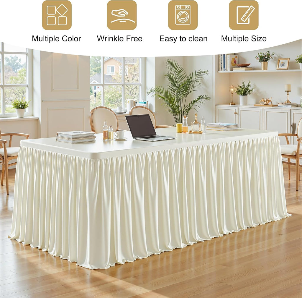 6 Packs Ivory Polyester Tablecloths Rectangle Tables 8ft, Stretch Fitted Table Covers for 8 Foot Tables Wrinkle Free Rectangle Table Cloth with Skirt for Birthday Party Events Banquet Baby Shower