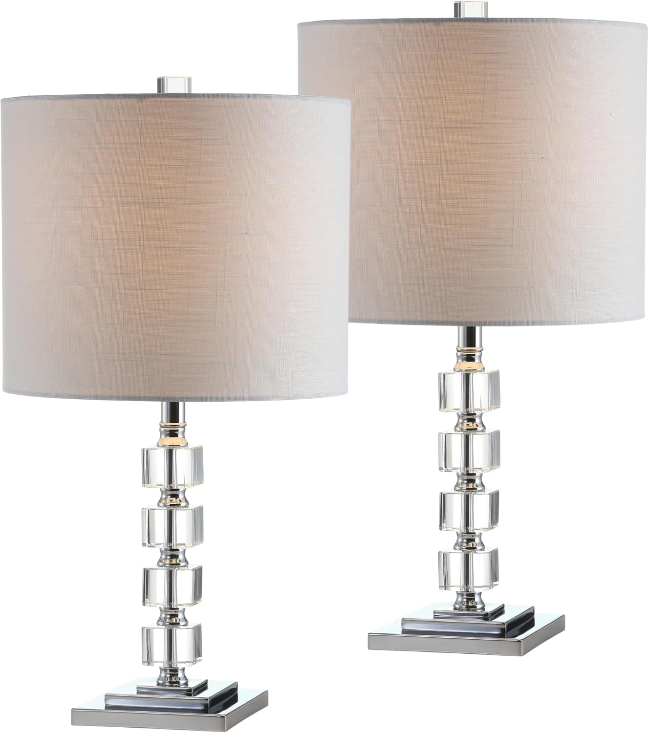JONATHAN Y 22' Clear Crystal and Chrome Stacked Cube Table Lamp Set of 2, Glam Contemporary Nightstand Lamps with White Linen Drum Shade, LED Bulbs Included JYL5040A-SET2