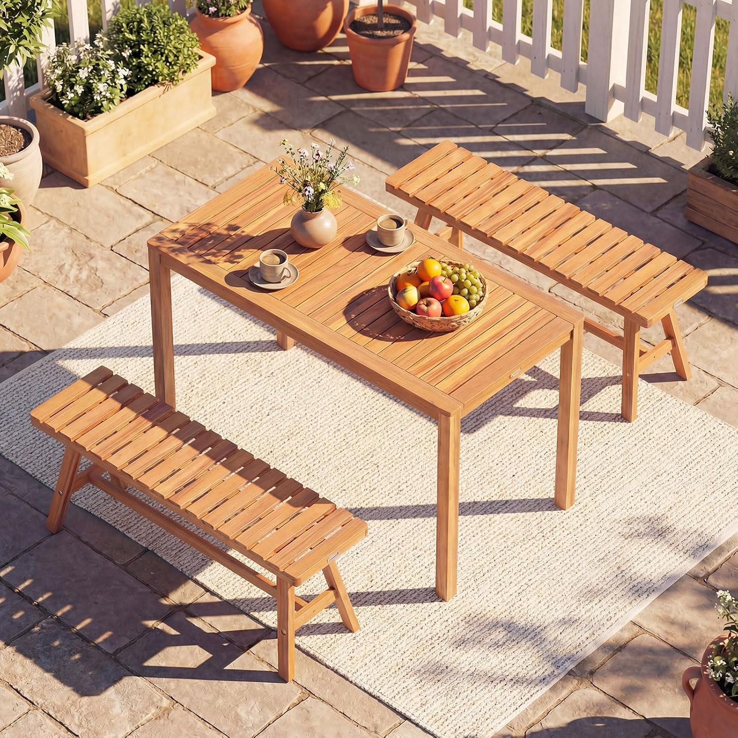 Tangkula Outdoor Acacia Wood Dining Table for 4-6, Rectangular Patio Table with Slatted Tabletop, Outside Dinner Table for Garden, Balcony, Deck and Backyard