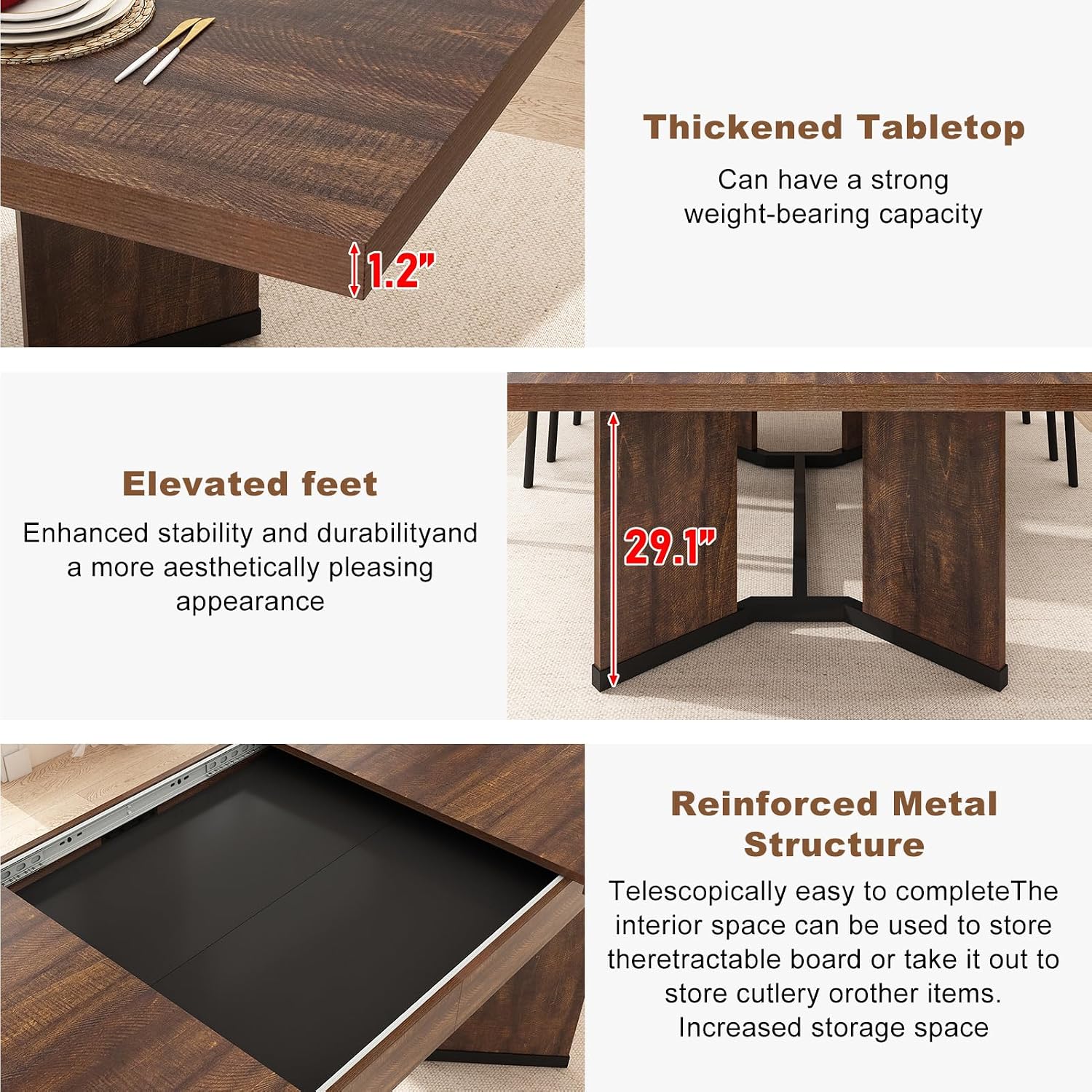 59'-86' Extendable Dining Table for 6 8 10 People,86' Farmhouse Rectangle Extending Dining Table w/Removable Leaves Space Saving,Wooden Adjustable Tables for Kitchen Office Living Room(BR+BK)