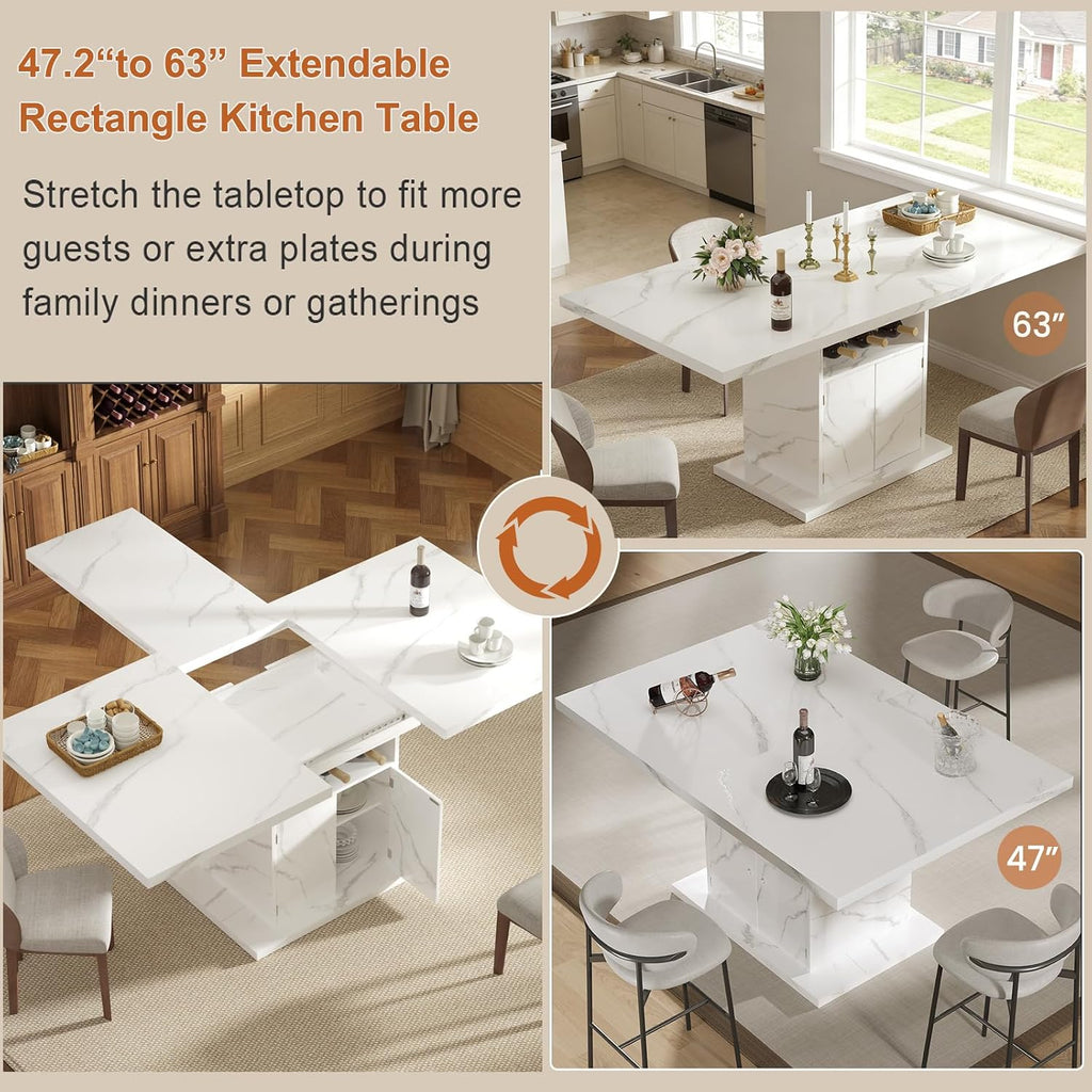 Extendable Dining Room Table for 4-6, 47-63 Inch Rectangle Kitchen Dining Table with Storage, Expandable Modern Rectangle Dinner Table with Faux Marble Top for Kitchen, Dining Room, White Faux Marble