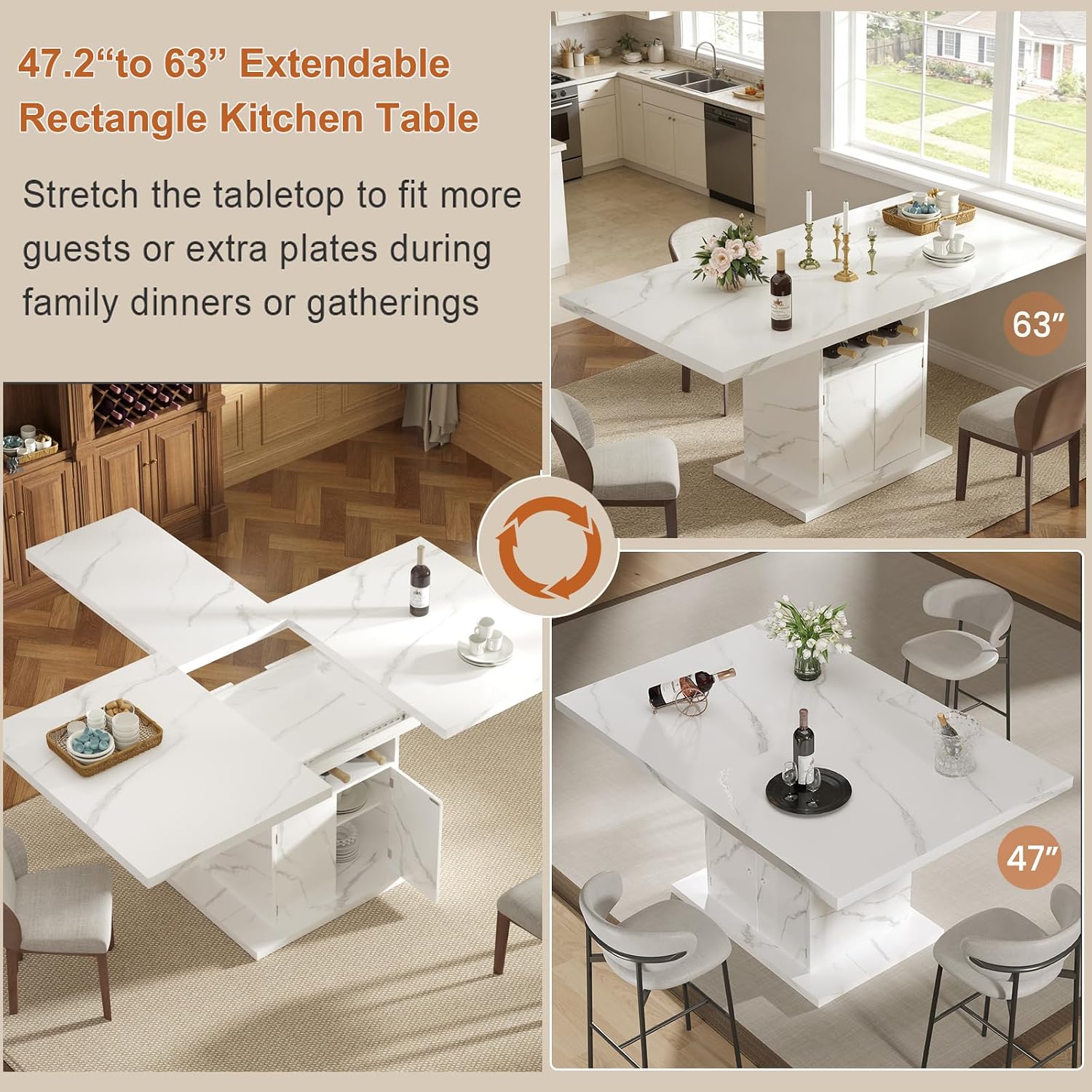 Extendable Dining Room Table for 4-6, 47-63 Inch Rectangle Kitchen Dining Table with Storage, Expandable Modern Rectangle Dinner Table with Faux Marble Top for Kitchen, Dining Room, White Faux Marble