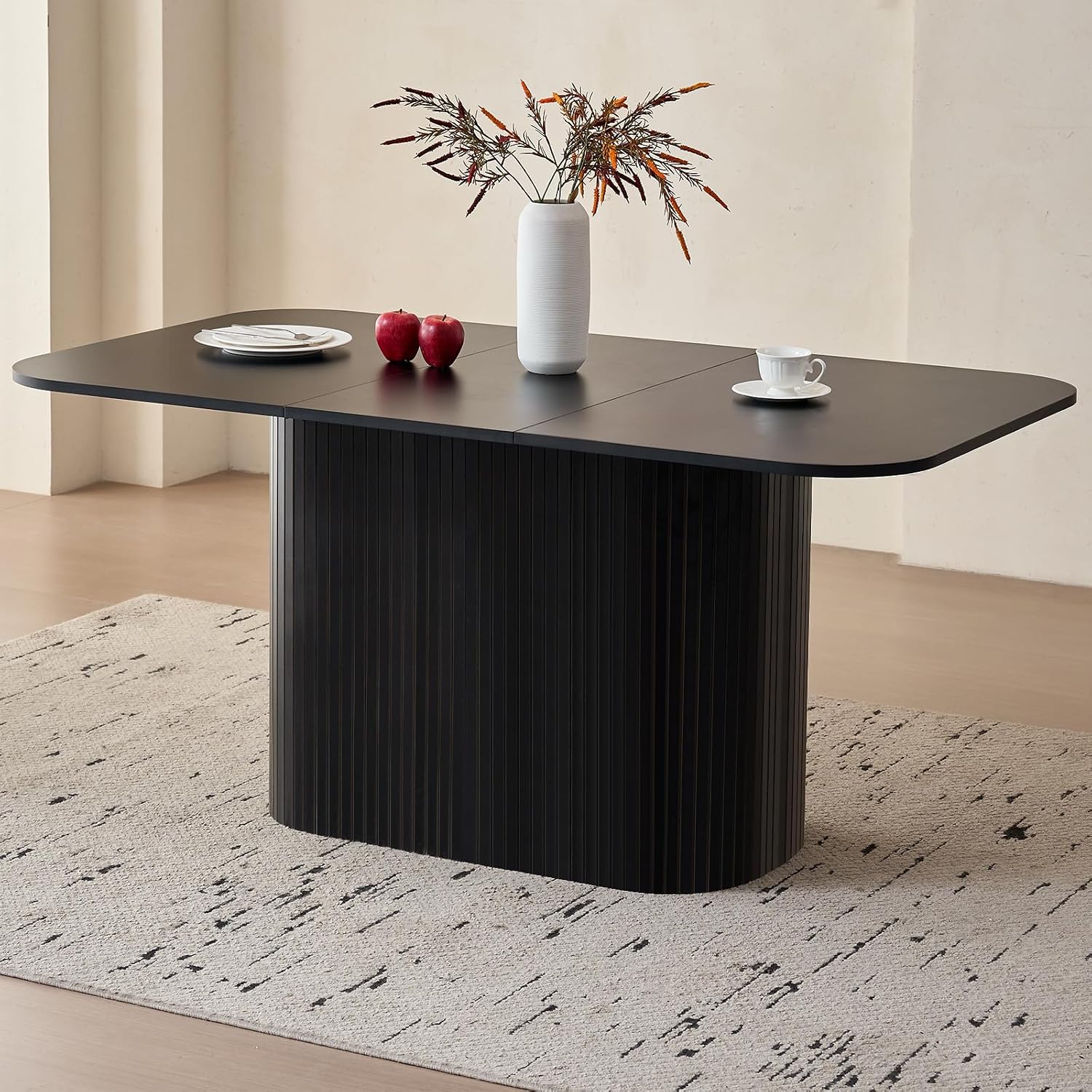 Large 63' Large Dining Table for 4 6, [Rounded Corners] [Grooved Pedestal Base] Modern Rectangle Kitchen Dinner Dining Living Room Table Black