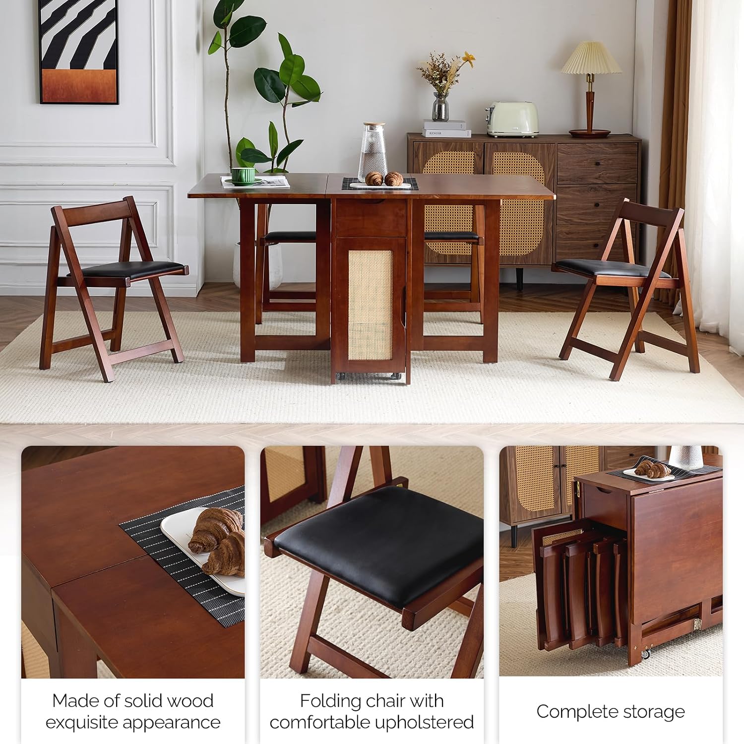 VINGLI Folding Dining Table Set Extendable Drop Leaf Solid Wood Foldable Table 5 Piece with 4 Chairs 2 Drawers and Wheels for Kitchen Space Saving,Walnut