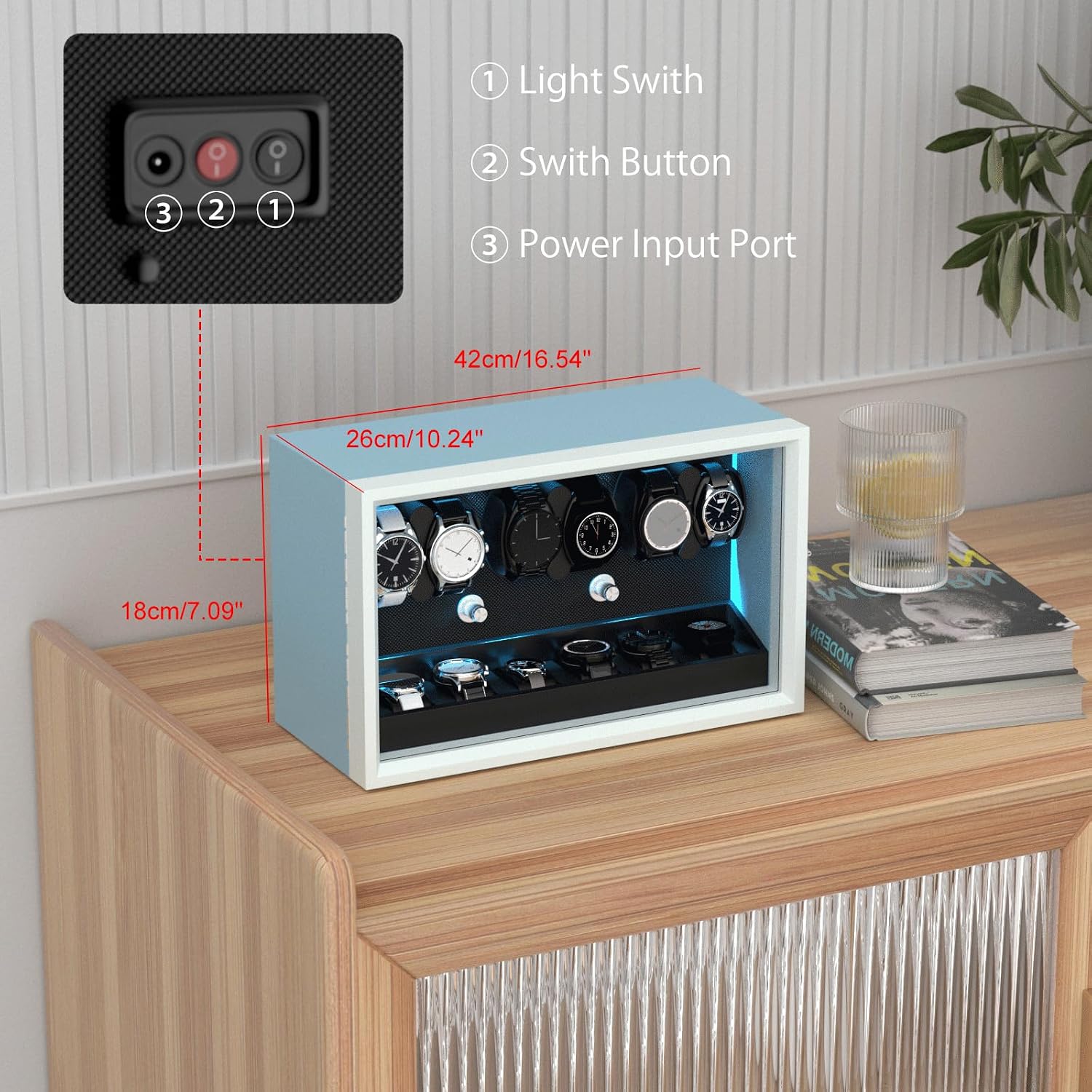 XTELARY Lockable Automatic Watch Winder - 4/6/8/12 Watch Storage, 4 Rotation Modes, Quiet Motor, Backlight