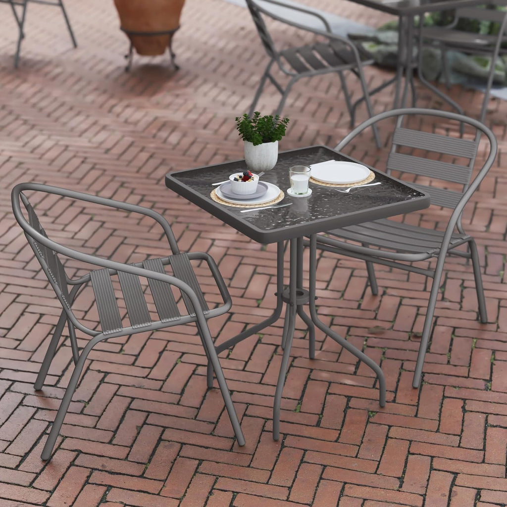 Flash Furniture TLH-0731SQ-017CSV2-GG Lila 23.5'' Square Glass Table with 2 Metal Aluminum Slat Stack Chairs, Silver