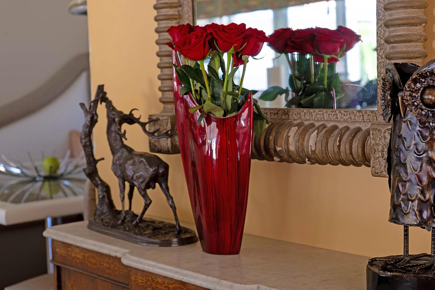 Modern Day Accents 3610 Red Acentuada Pointed, Aluminum, Glaze, Modern, Vase, Plants, Center Piece, Home, Office, Flower Arrangement, 8' L x 3' W x 18' H