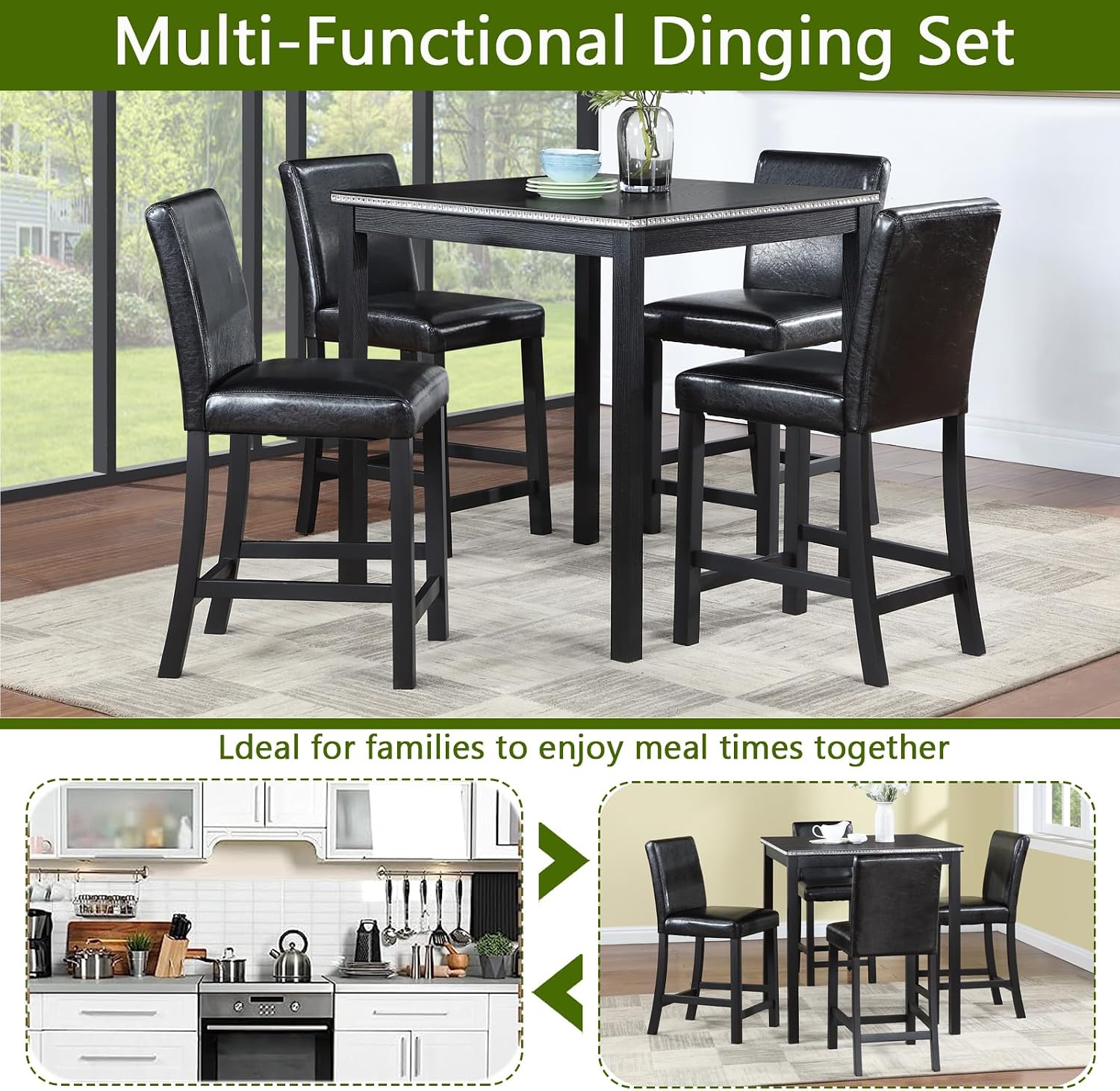 LUMISOL Dining Table Set for 4, 5-Piece Solid Wood Counter Height Kitchen Table Set with 4 Upholstered Chairs for Kitchen, Dining Room, Home Bar, Black