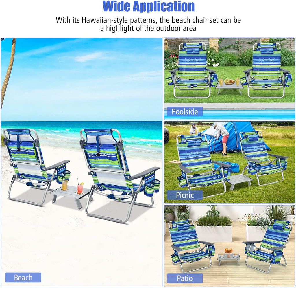 Tangkula Backpack Beach Chair with Table, 5-Position Lay Flat Beach Chairs with Cooler Bag, 2 Cup Holders, Towel Bar, Lightweight Low Folding Beach Chair with Backpack Straps