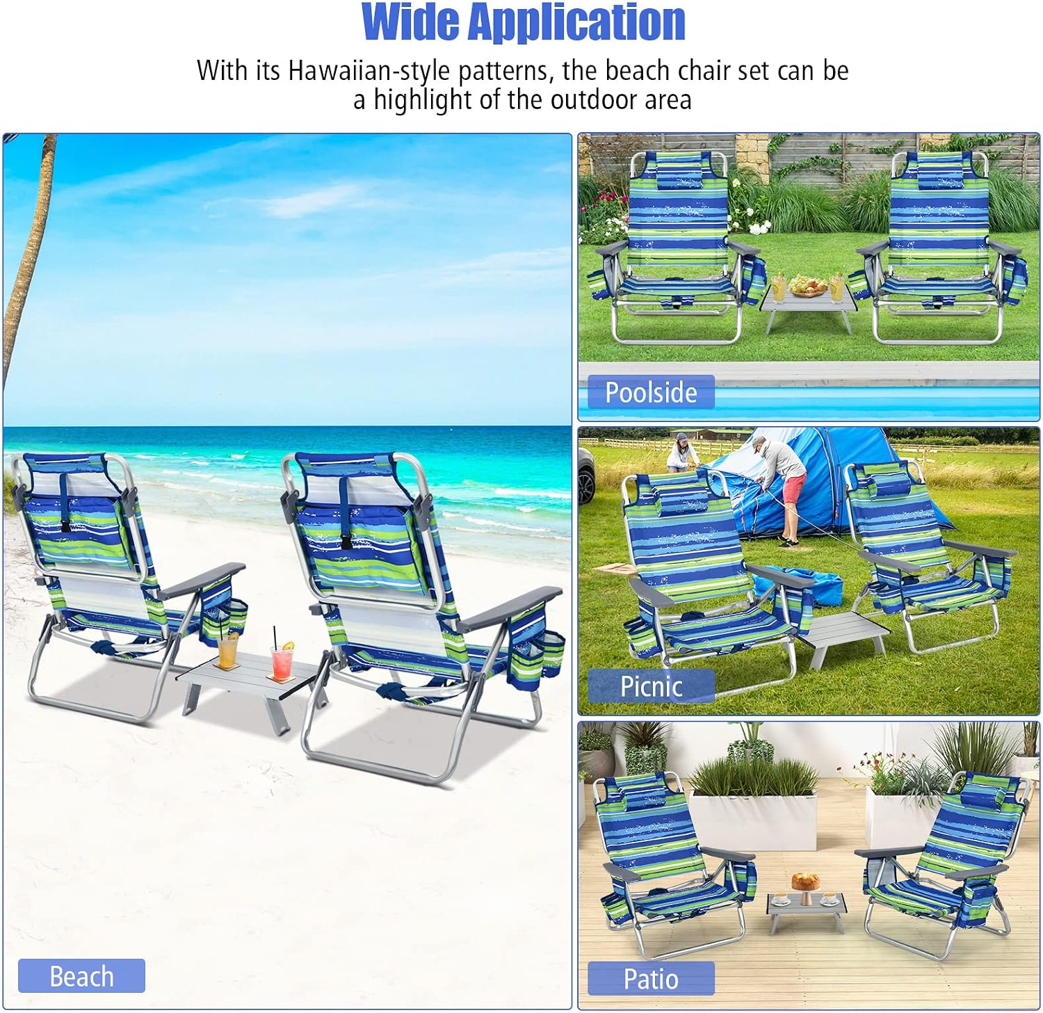 Tangkula Backpack Beach Chair with Table, 5-Position Lay Flat Beach Chairs with Cooler Bag, 2 Cup Holders, Towel Bar, Lightweight Low Folding Beach Chair with Backpack Straps