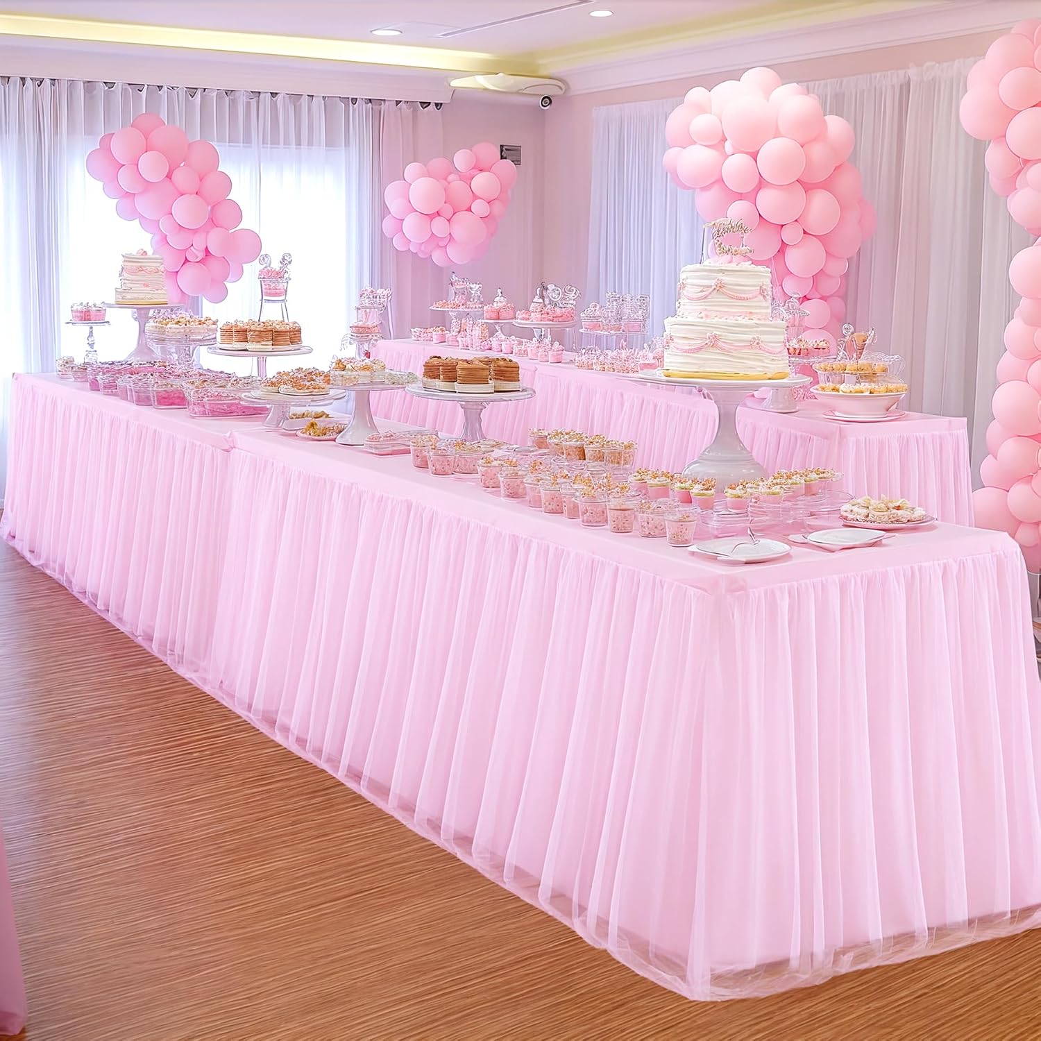 Pink Table Cloths for Parties Light Pink Tulle Tablecloth Rectangle, Pink Tulle Table Skirt Rectangle Table 6ft Fitted Table Covers Stretch Elastic Banquet Party Baby Shower Wedding Table Cloth 6 Foot