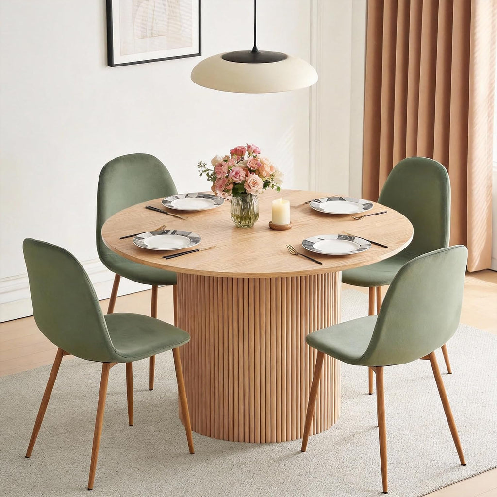Dining Table Set for 4, Mid Century Modern 47 Inch Wooden Round Dining Table Set, Space Saving (Table + 4 Green Chairs)