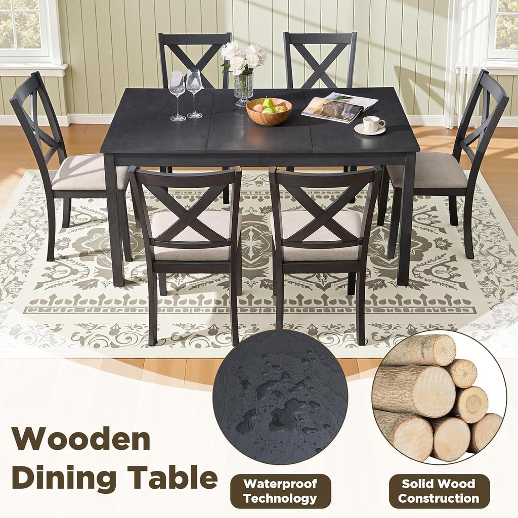 LUXOAK 7-Piece Solid Wood Dining Table Set, 60' Farmhouse Dining Table with 6 Chairs, Rectangular Table Set for 6, Kitchen & Dining Room Furniture, Grey & White