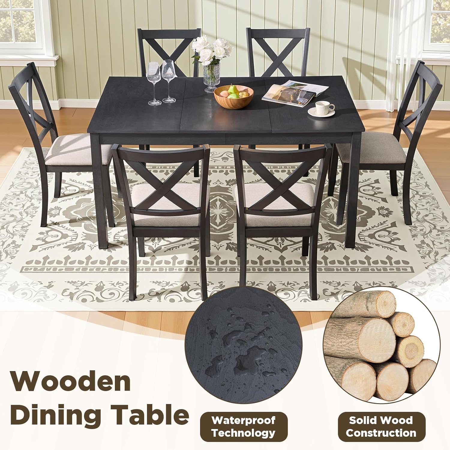 LUXOAK 7-Piece Solid Wood Dining Table Set, 60' Farmhouse Dining Table with 6 Chairs, Rectangular Table Set for 6, Kitchen & Dining Room Furniture, Grey & White