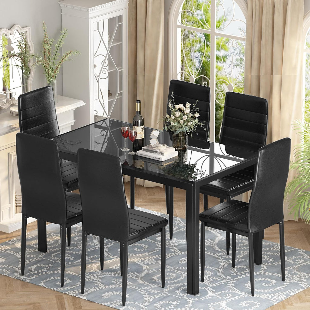 Recaceik 7 Piece Dining Table Set for 6, Tempered Glass Kitchen Table and PU Leather Chairs, Modern Dining Room Table Set for Small Space, Apartment