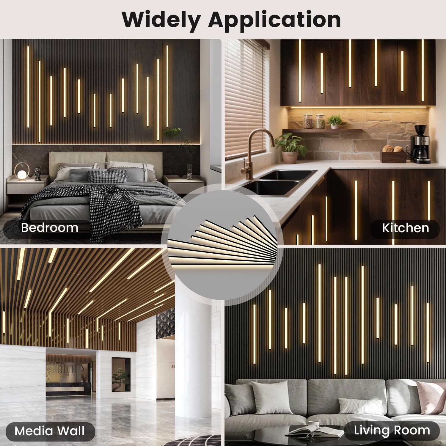 Slat Wall Lights - GloryAir 12Pcs Black Self-Adhesive Wall Panel Light Strips, 3000K Warm White Dimmable Smart Touch Switch for Wood Slat, WPC & Acoustic Panel, Living Room, Bedroom & Stair Decor