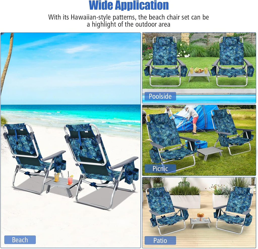 Tangkula Backpack Beach Chair with Table, 5-Position Lay Flat Lightweight Low Folding Beach Chairs with Cooler Bag, 2 Cup Holders, Towel Bar, Backpack Straps