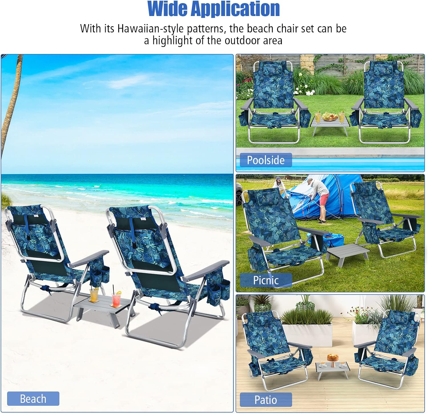 Tangkula Backpack Beach Chair with Table, 5-Position Lay Flat Lightweight Low Folding Beach Chairs with Cooler Bag, 2 Cup Holders, Towel Bar, Backpack Straps